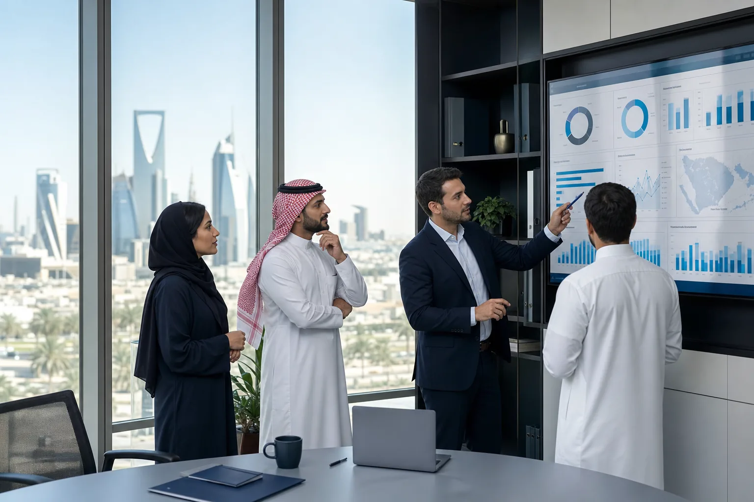 Business team reviewing connected operational analytics
